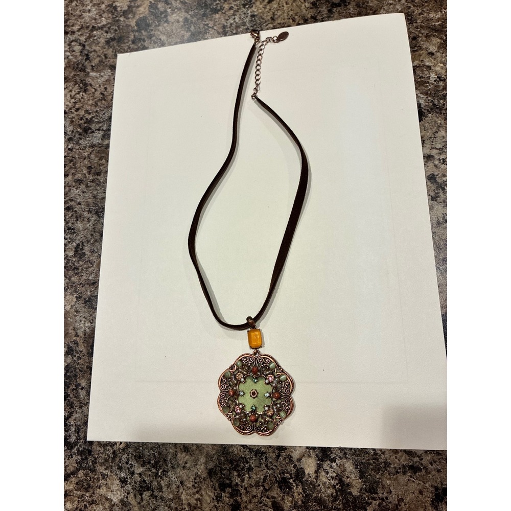 Lia Sophia Boho Copper Tone Green Floral Medallion Suede Cord Pendant Necklace